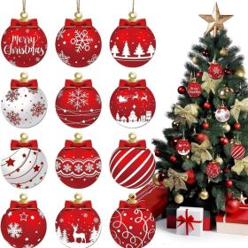 Red White Wooden Christmas Ornaments 12 Units, Hanging Tree Decorations With Santa, Reindeer, Snowflake And Merry Christmas Designs