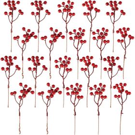 Artificial Red Berry Picks 20 Units, 7 Inch Christmas Tree Decorations For Wreaths, Garlands, Holiday And Winter Home Decor