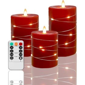 Set Of 3 Red Flameless LED Pillar Candles With String Lights & Remote