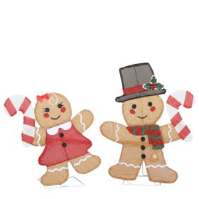 Set Of 2 Lighted Gingerbread Man And Candy Cane Christmas Decorations, Pre-lit 2D Holiday Decor With 80 Warm White LED Lights For Xmas Outdoor Indoor