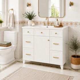 36" Bathroom Vanity with Ceramic Sink, White, Solid Wood Frame, Soft Close Doors, Adjustable Shelves, 3 Drawers ,Including Double-Depth Drawer for Hai
