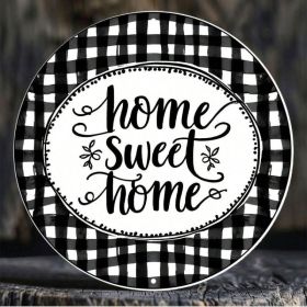 Black And White Checkered Home Sweet Wreath Round Metal Sign 8in