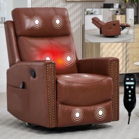 Red Genuine Leather Heat Massage Manual Recliner Chair with Rocker and Swivel for Living Room (Option: Red)