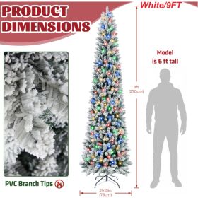 Flocked Pencil Christmas Tree With Twinkling LEDs, Lighted Skinny With Base, Pre-Lit (Option: White 9FT)
