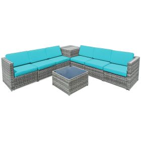 8 Pieces Wicker Sofa Rattan Dining Set Patio Furniture with Storage Table (Green_Purple: Turquoise)