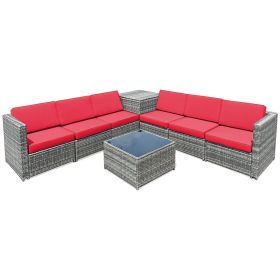 8 Pieces Wicker Sofa Rattan Dining Set Patio Furniture with Storage Table (Green_Purple: Red)