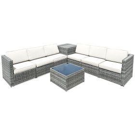 8 Pieces Wicker Sofa Rattan Dining Set Patio Furniture with Storage Table (Green_Purple: White)