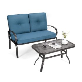 2 Pieces Patio Outdoor Cushioned Coffee Table Seat (Green_Purple: Blue)