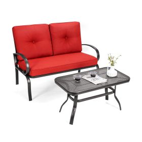 2 Pieces Patio Outdoor Cushioned Coffee Table Seat (Green_Purple: Red)