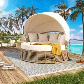 Outdoor Patio Rattan Round Daybed with Retractable Canopy, Wicker Furniture Round Poolside Sofa Sunbed with Removable Cushions, Backyard, Porch (Green_Purple: Beige)