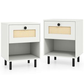 Rattan Nightstand Boho End Table with Rattan Drawer and Open Shelf Set of 2 (Green_Purple: White)