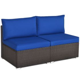 2 Pieces Patio Rattan Armless Sofa Set with 2 Cushions and 2 Pillows (Green_Purple: Navy)
