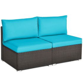2 Pieces Patio Rattan Armless Sofa Set with 2 Cushions and 2 Pillows (Green_Purple: Blue)