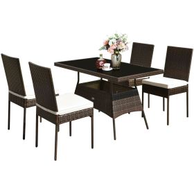 5 Pieces Rattan Dining Set with Glass Table and High Back Chair (Green_Purple: Brown)