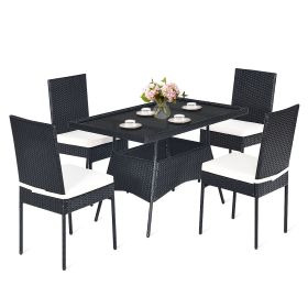 5 Pieces Rattan Dining Set with Glass Table and High Back Chair (Green_Purple: Black)