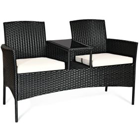 Wicker Patio Conversation Furniture Set with Removable Cushions and Table (Green_Purple: White)