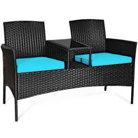 Wicker Patio Conversation Furniture Set with Removable Cushions and Table (Green_Purple: Turquoise)