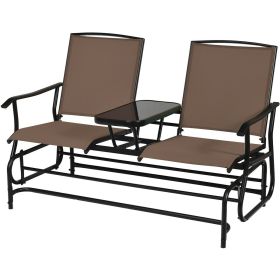 2-Person Double Rocking Loveseat with Mesh Fabric and Center Tempered Glass Table (Green_Purple: Brown)