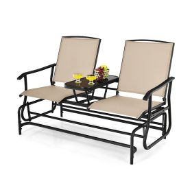 2-Person Double Rocking Loveseat with Mesh Fabric and Center Tempered Glass Table (Green_Purple: Beige)
