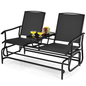2-Person Double Rocking Loveseat with Mesh Fabric and Center Tempered Glass Table (Green_Purple: Black)
