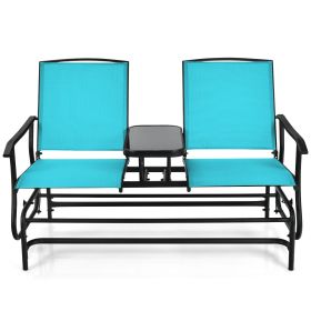 2-Person Double Rocking Loveseat with Mesh Fabric and Center Tempered Glass Table (Green_Purple: Turquoise)