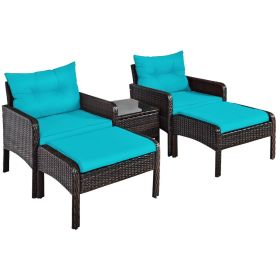 5 Pieces Patio Rattan Sofa Ottoman Furniture Set with Cushions (Green_Purple: Turquoise)