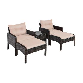 5 Pieces Patio Rattan Sofa Ottoman Furniture Set with Cushions (Green_Purple: Beige)