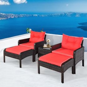 5 Pieces Patio Rattan Sofa Ottoman Furniture Set with Cushions (Green_Purple: Red)