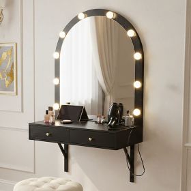 Floating Wall Mounted Makeup Vanity Desk with LED Mirror 3 Color Lights, Compact Dressing Table with Power Outlet & USB Charging (Green_Purple: Black)