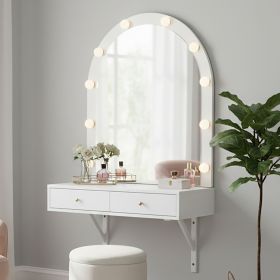 Floating Wall Mounted Makeup Vanity Desk with LED Mirror 3 Color Lights, Compact Dressing Table with Power Outlet & USB Charging (Green_Purple: White)