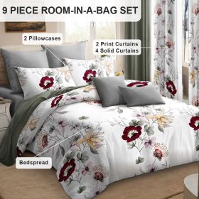 9-Piece Sage Green Watercolor Floral Bedding & Curtain Set (Queen/King/Cal King) - Quilted Microfiber Bedspread + Sheer Curtains (Green_Purple: Green/White Flowers, size: CAL KING)