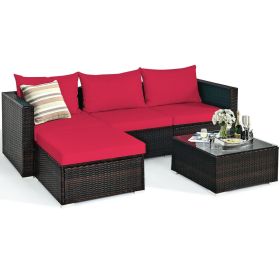 5 Pieces Patio Rattan Sectional Furniture Set with Cushions and Coffee Table (Green_Purple: Red)