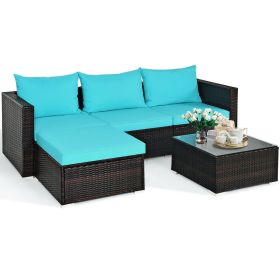 5 Pieces Patio Rattan Sectional Furniture Set with Cushions and Coffee Table (Green_Purple: Turquoise)