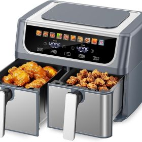 9.5 Quart Large Dual Basket Air Fryer with Double Basket, Independent Temp Control & Sync Mode, 10 Presets (Bake/Broil/Defrost/Dehydrate) (Green_Purple: Gray)