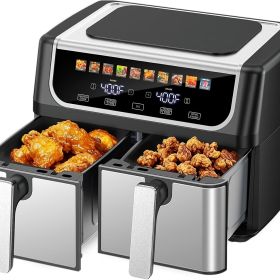 9.5 Quart Large Dual Basket Air Fryer with Double Basket, Independent Temp Control & Sync Mode, 10 Presets (Bake/Broil/Defrost/Dehydrate) (Green_Purple: Black)