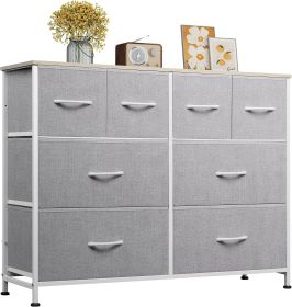 Dresser for Bedroom with 8 Drawers, Wide Fabric Dresser for Storage and Organization, Chest of Drawers, Dressers for Living Room, Closet, Hallway (Green_Purple: Light gray)