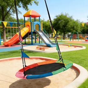 Flying Saucer Swing, 33"-63" Adjustable Height Tree Swing with 4 Detachable Flags, Playground Swing (Green_Purple: Rainbow)