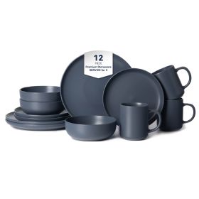 12-Piece Stoneware Dinnerware Sets with Mugs | Microwave & Dishwasher Safe | Non-Toxic Dinner Plates Bowls Set | Stackable Matte Glaze Kitchenwar (Main Color: Blue, Main Material: Stone)