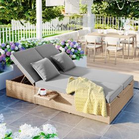 Outdoor Double Sunbed; Wicker Rattan Patio Reclining Chairs with Adjustable Backrest and Seat; Conversational Set for 2 Person (Green_Purple: Brown)