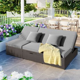 Outdoor Double Sunbed; Wicker Rattan Patio Reclining Chairs with Adjustable Backrest and Seat; Conversational Set for 2 Person (Green_Purple: Gray)