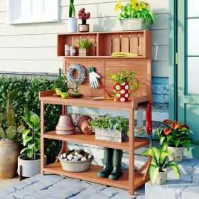 65" Large Wooden Farmhouse Rustic Outdoor Potting Bench Table; Patio Workstation; Garden Potting Bench with 4 Storage Shelves and Side Hook (Green_Purple: Natural)