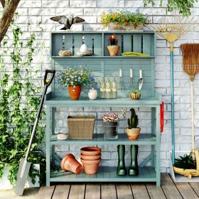 65" Large Wooden Farmhouse Rustic Outdoor Potting Bench Table; Patio Workstation; Garden Potting Bench with 4 Storage Shelves and Side Hook (Green_Purple: Green)