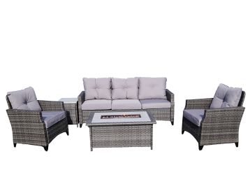 Direct Wicker Gray Wicker Sofa Set Outdoor Furniture Conversation Set with Firepit Table (Green_Purple: deep gray)