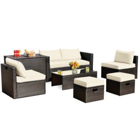 8 Pieces Patio Space-Saving Rattan Furniture Set with Storage Box and Waterproof Cover (Green_Purple: White)