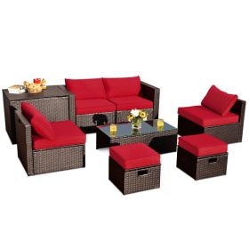 8 Pieces Patio Space-Saving Rattan Furniture Set with Storage Box and Waterproof Cover (Green_Purple: Red)