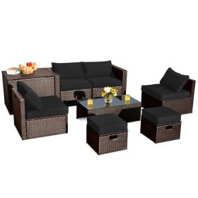 8 Pieces Patio Space-Saving Rattan Furniture Set with Storage Box and Waterproof Cover (Green_Purple: Black)