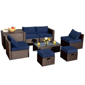8 Pieces Patio Space-Saving Rattan Furniture Set with Storage Box and Waterproof Cover (Green_Purple: Navy)