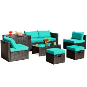 8 Pieces Patio Space-Saving Rattan Furniture Set with Storage Box and Waterproof Cover (Green_Purple: Turquoise)