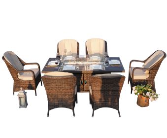 Direct Wicker Patio Fire Pit Dining Set 6-Seat Rectangular Aluminum Table with Rattan Chairs (Green_Purple: Brown)