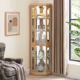 Corner Glass Cabinet Lighted Curio Cabinet Corner Display Case for Living Room, Curio Cabinet, Antique collection, Wine (Green_Purple: Light Oak, Material: MDF+glass)